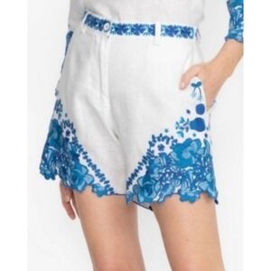 Jade White Linen Shorts Blue Floral Embroidered Scalloped Hem High Rise Womens L